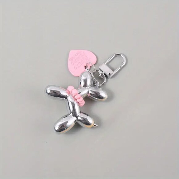Set of 2 Cute Balloon Dog with necklace & heart Charm Keychains Mirror Style - Picture 6 of 8